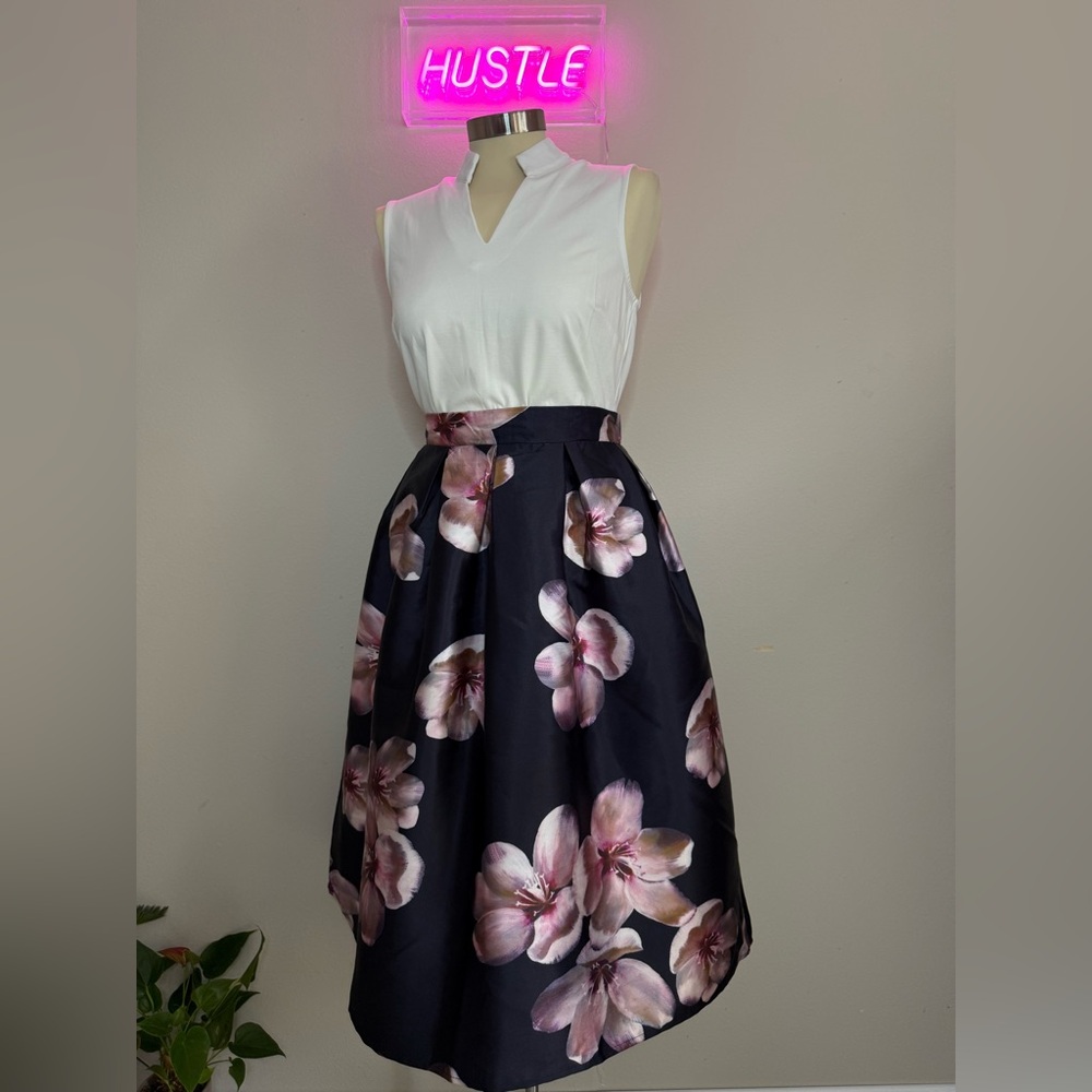 Chicwish Black A-Line Midi Skirt with Pink Floral Print